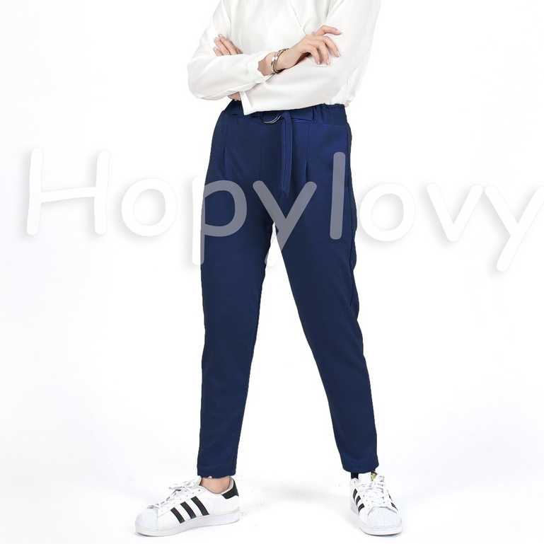HOPYLOVY - Celana Panjang Wanita Bahan Scuba Tebal / Celana Bahan Wanita / Celana Kerja Variasi Ring Belt Ragna