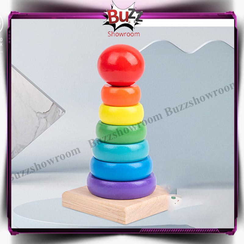 Rainbow Tower Ring Donat Pelangi Kayu Mainan Anak Bayi Montessori Wooden