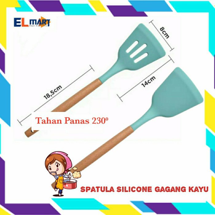 Sutil Spatula Silikon Tahan Panas Gagang Kayu Slotted Silicone Turner