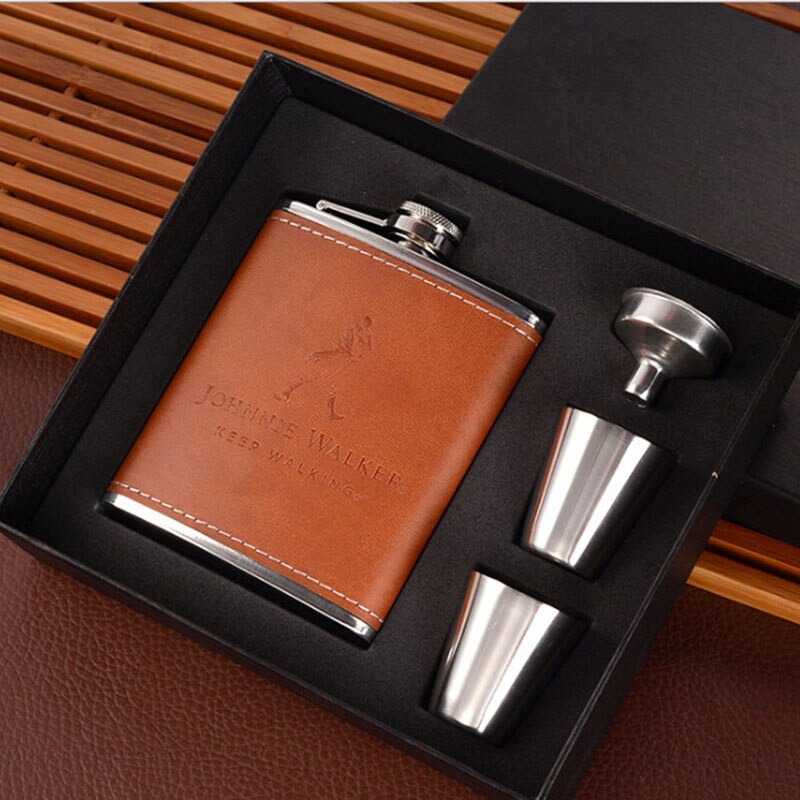 Taganov Botol Bir Hip Flask Leather 7 Oz with Shot Glass