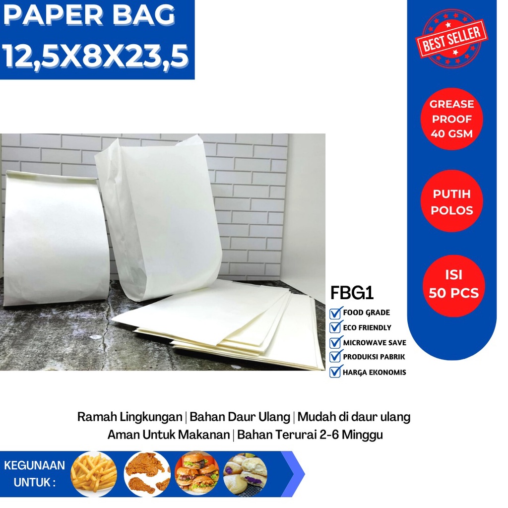 Paper Bag Roti Size 12.5x8x23.5 (Isi 50 Pcs-FBG1W)