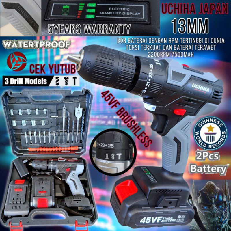 Promo Mesin Bor Beton Baterai Cordless Drill 13mm 45V Tanpa Kabel Uchiha Japan Technology