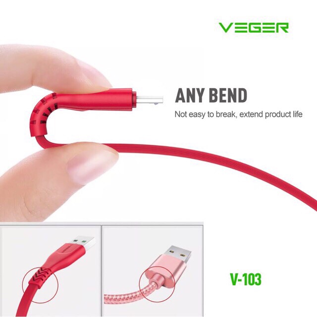 KABEL DATA USB CASAN VEGER MURAH V103 2.4A FAST CHARGE USB CABLE DATA KABEL VEGER V-103 pcs