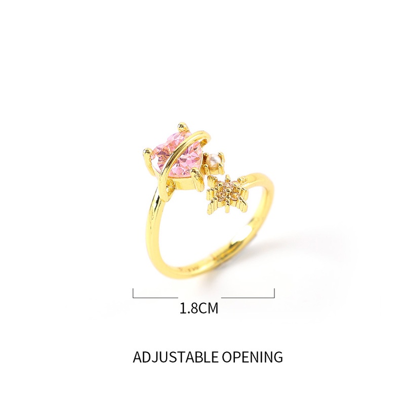 Cincin Model Terbuka Desain Hati Aksen Zirkon Warna Pink Untuk Wanita