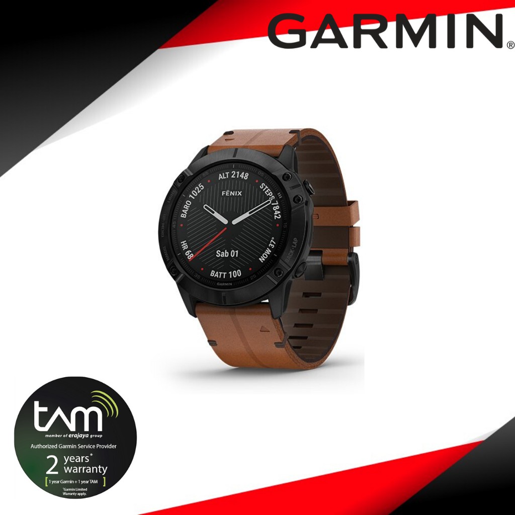 Garmin Fenix 6X Black DLC with Brown Leather Band - Tam 2 Tahun