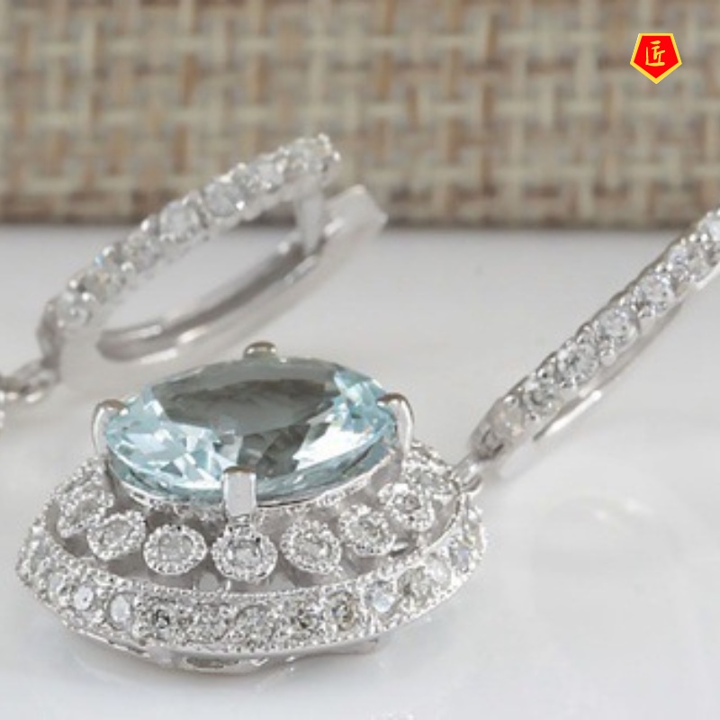 [Ready Stock]Luxury Inlaid Blue Topaz Earrings Micro-Inlaid Full Diamond