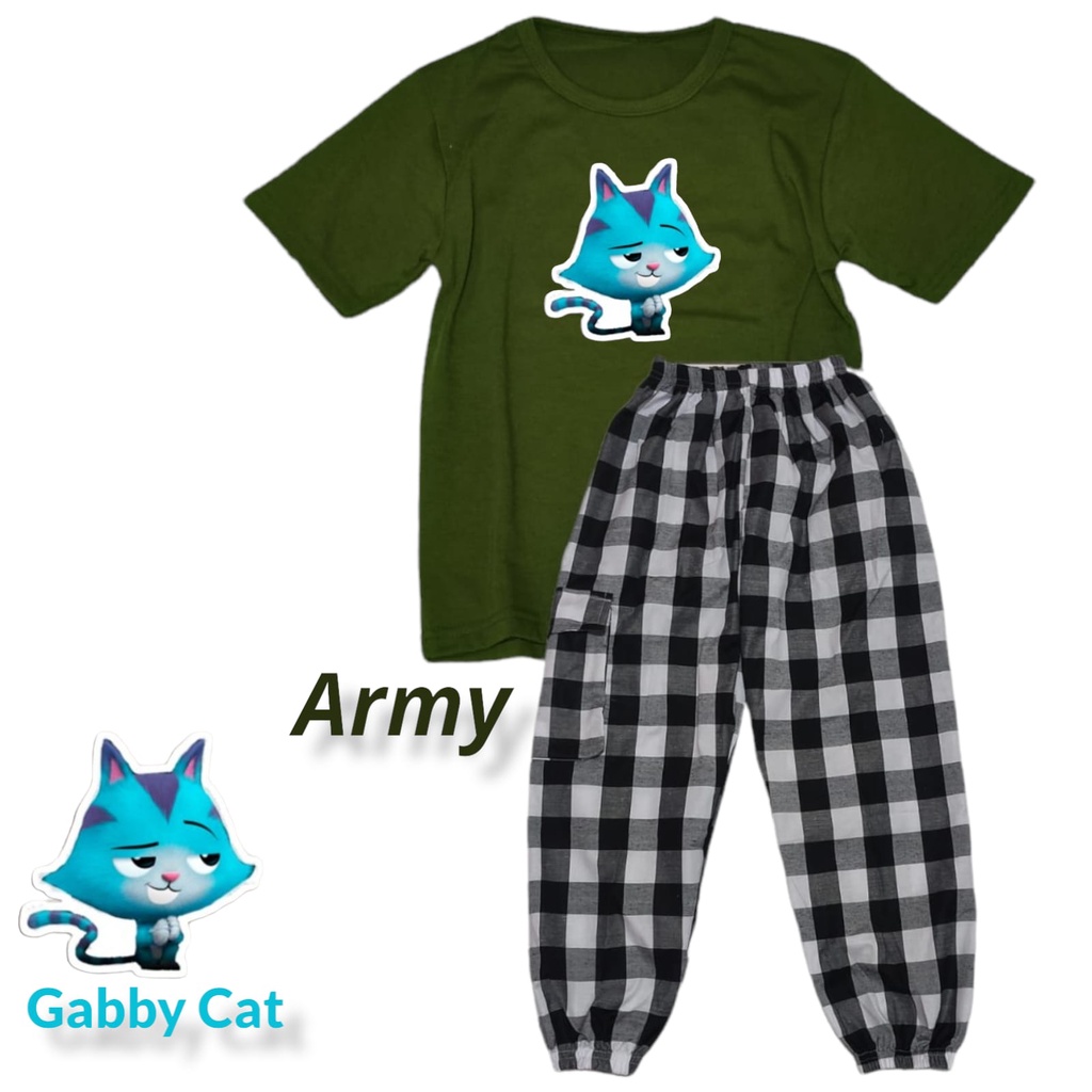 Cherrylpick Setelan anak perempuan usia 1-10 tahun / setcel anak perempuan / setcel anak murah / setelan anak murah-Army (Gabby Cat)