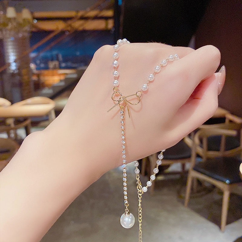 XiaoboACC Kalung Rantai Dengan Liontin Pita + Mutiara Gaya Korea Untuk Wanita 48.4CM+5.3CM