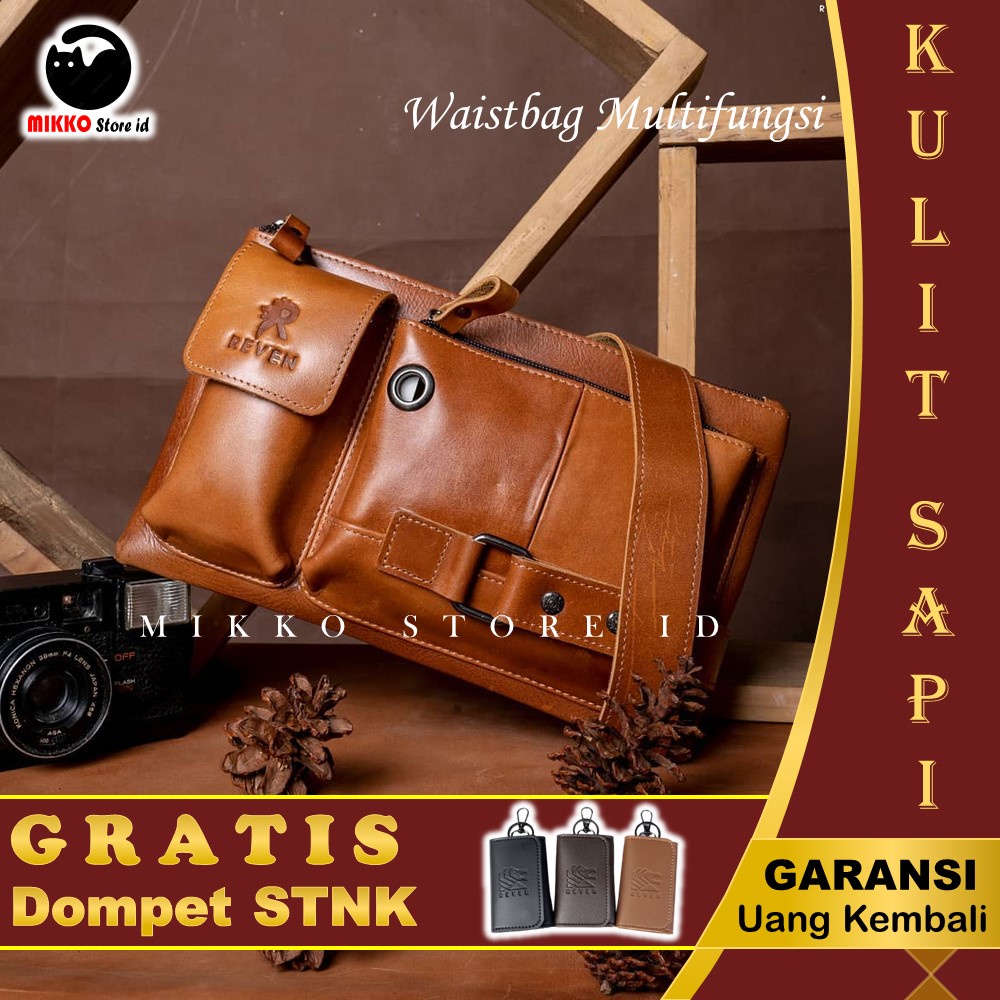 Tas Selempang Kulit Pria Reven Waistbag Multifungsi Branded Original Kulit Sapi Asli Premium