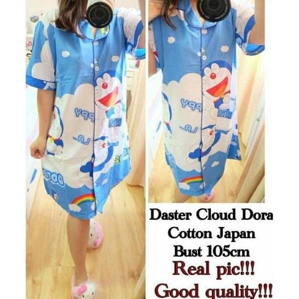 MichelleStore Piyama Daster Wanita Dewasa Doraemon Blue Sky Saku Baju
