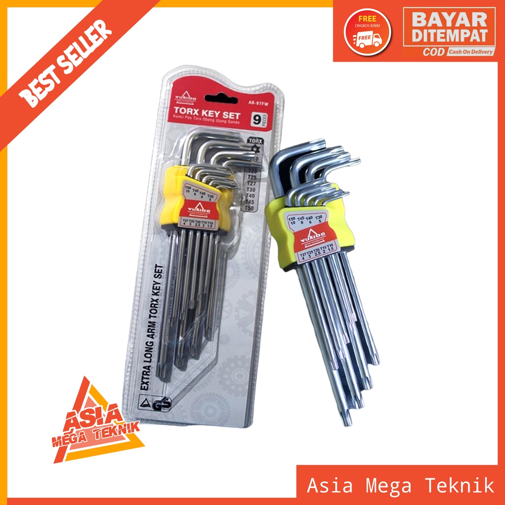 YUKIDO Kunci L panjang dan bintang set panjang kombinas / tamper Torx key set 9pc