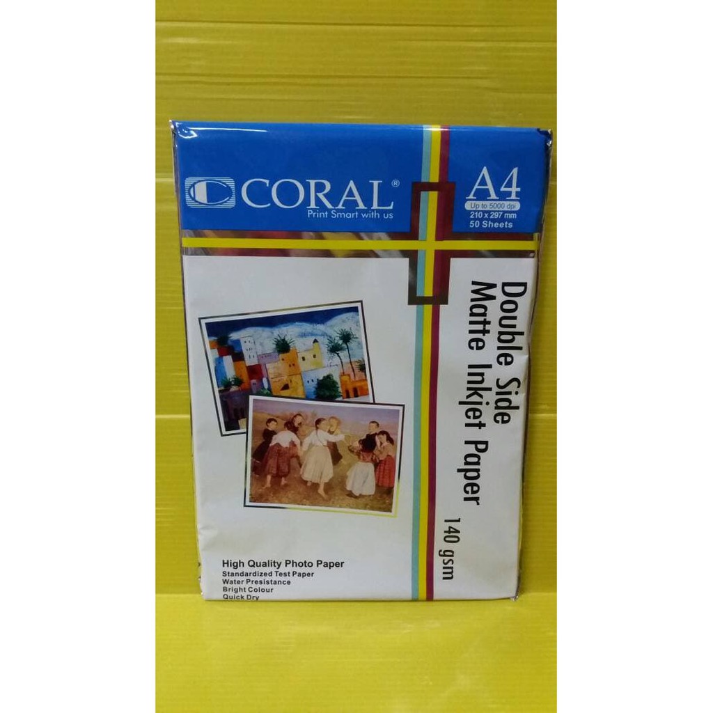 

Coral Double Side Inkjet Paper A4-140 Gr (Pack=50 Sheet)