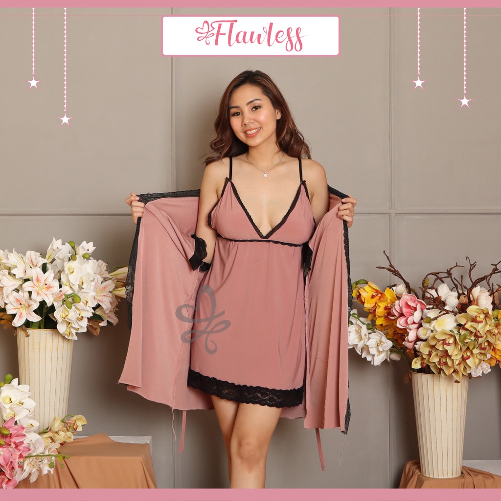 ALICE Lingerie Sexy Model Kimono Motif Renda Tidak Transparan Baju Tidur Wanita Piyama Seksi Baju Dinas Depan Suami Sleepwear-Merah Muda