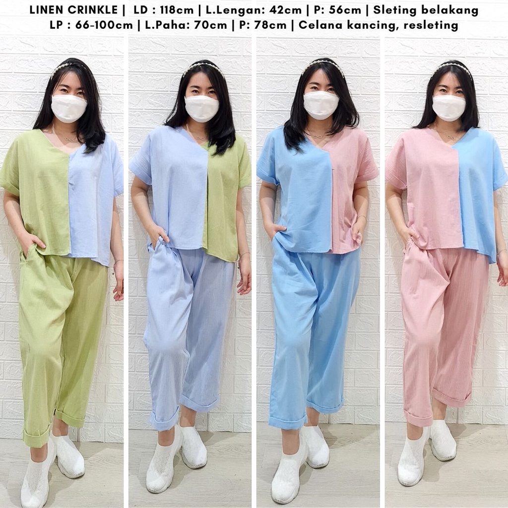 4513 marlaide two tones one set polos linen crinkle stelan wanita katun