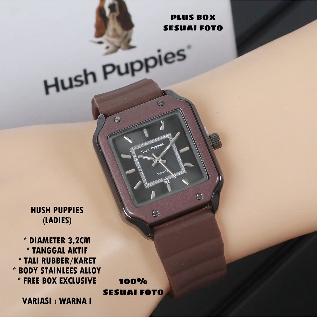 (FREE BOX) JAM TANGAN WANITA HUSH PUPPIES TALI RUBBER BODY SEGI TANGGAL AKTIF