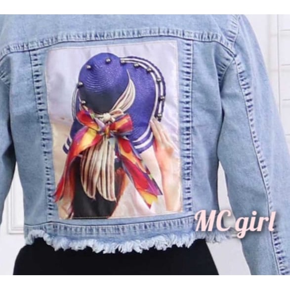 MC girl - Jaket Jeans Crop Rawis Gambar Pita Belakang 3D Wanita / Jaket Lepis Body Pendek Rumbai Gambar Belakang Sequin Cewek / Jacket Denim Snow Wash