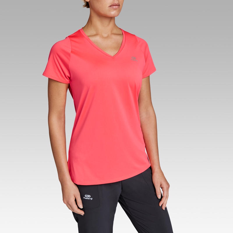 KALENJI Run Dry Kaos T-Shirt V-Neck Olahraga Lari Wanita - Flu Coral