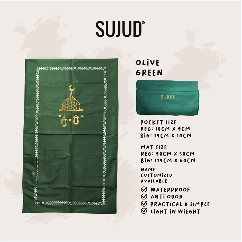 Sajadah Saku (Lipat) Premium Anti Air by Sujud Olive Green | Sajadah Traveling Portable