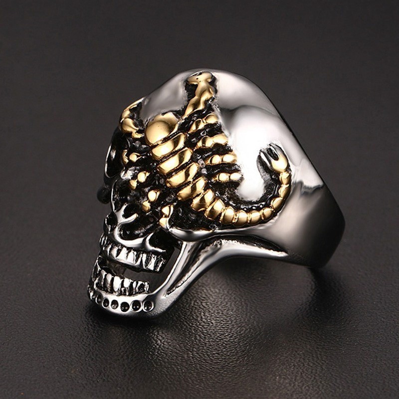 SEUSUK  Cincin Pria Gaya Punk Vintage Gothic Motif Tulang Tengkorak Warna Gold