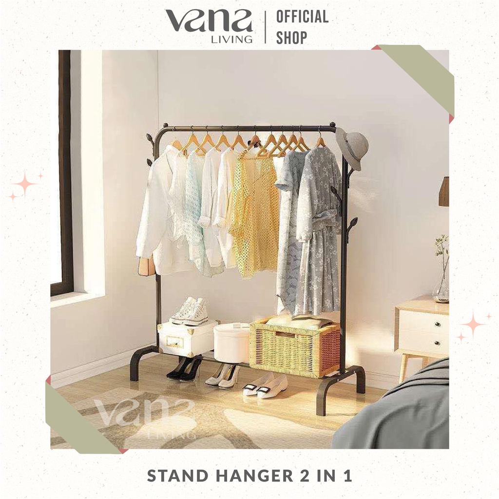 Vana Stand Hanger Gantungan Baju Besi Kuat Gawang Single Berdiri Rak Cantolan Portable Serbaguna untuk Tas Baju Bayi Dewasa Sepatu Putih Hitam