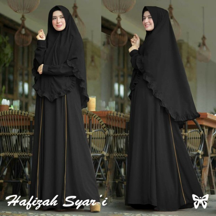 Fashion Wanita Muslim Baju Dress Maxy Gamis Hafizah List Syari - Hitam