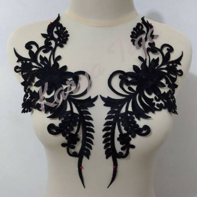 Renda Bordir Kerah Sepasang Motif Bunga Hitam
