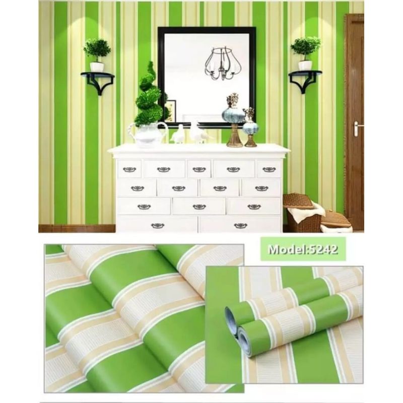 Wallpaper Dinding kamar motif salur hijau /garis hijau