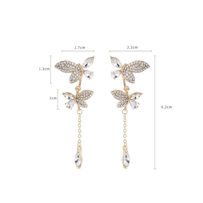 Lrc Anting Tusuk Fashion Golden Butterfly Rhinestone Tassel Alloy Earrings K08248