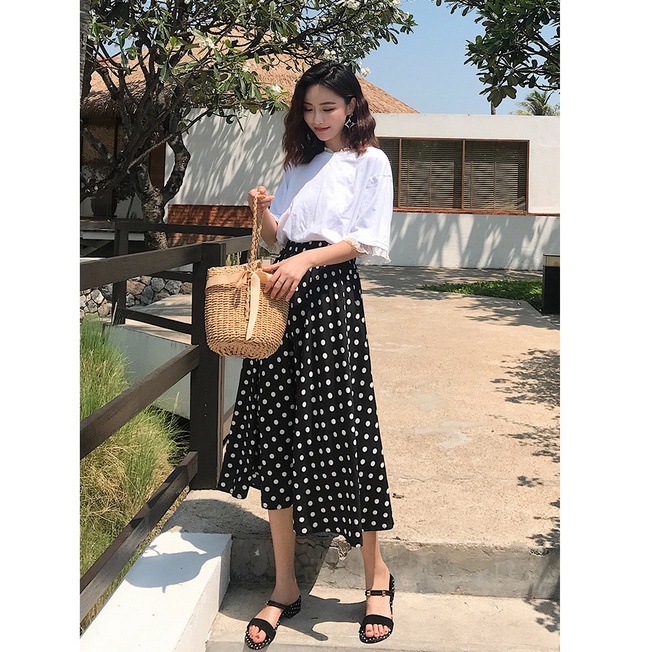 Korean Midi skirt polkadot Rok span Gaya korea Rok hitam