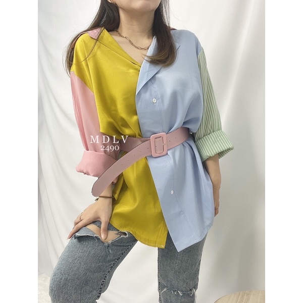 MDLV ~ 2490 Estrillian Patchwork Shirt Free Belt Women Rainbow Shirt Cotton Premium Kemeja Wanita Kemeja Premium Kemeja Lengan Panjang Kemeja Korea Fashion Import