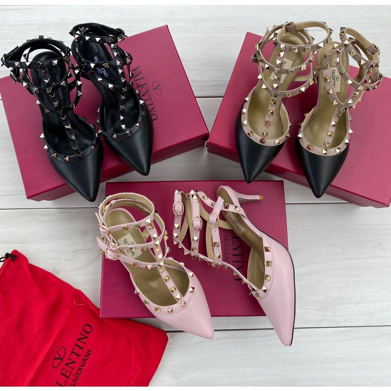 Sepatu Wanita Mirror Valentino Rockstud Ankle-Strap Pump Heels H09