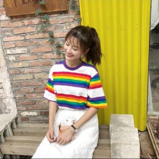 Rainbow stripes lengan pendek kaos  wanita korea  real pict 