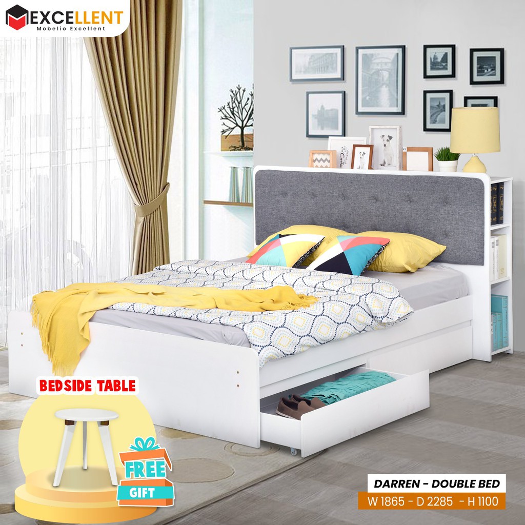 Ranjang Kasur Dipan Double  Scandinavian White Minimalis Dengan Laci