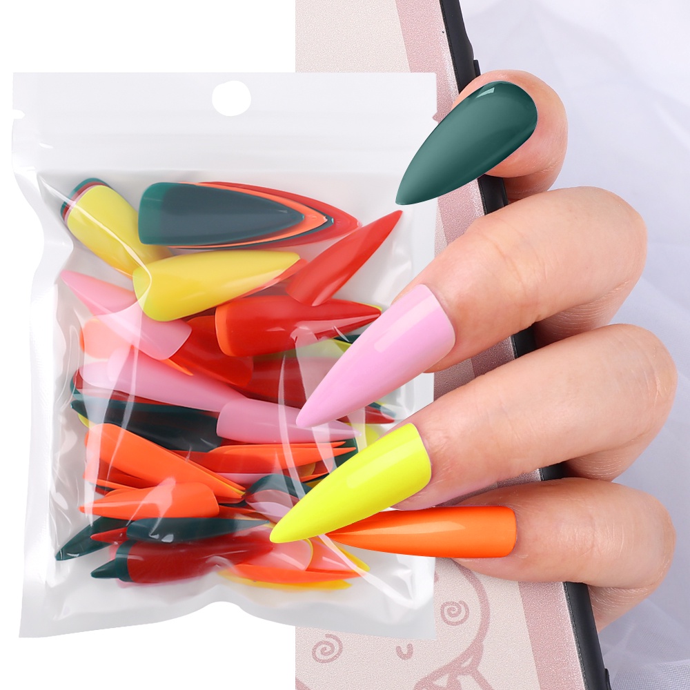 100pcs / Set Kuku Palsu Akrilik Panjang Full Coverage Warna Polos Untuk Nail Art / Manicure DIY