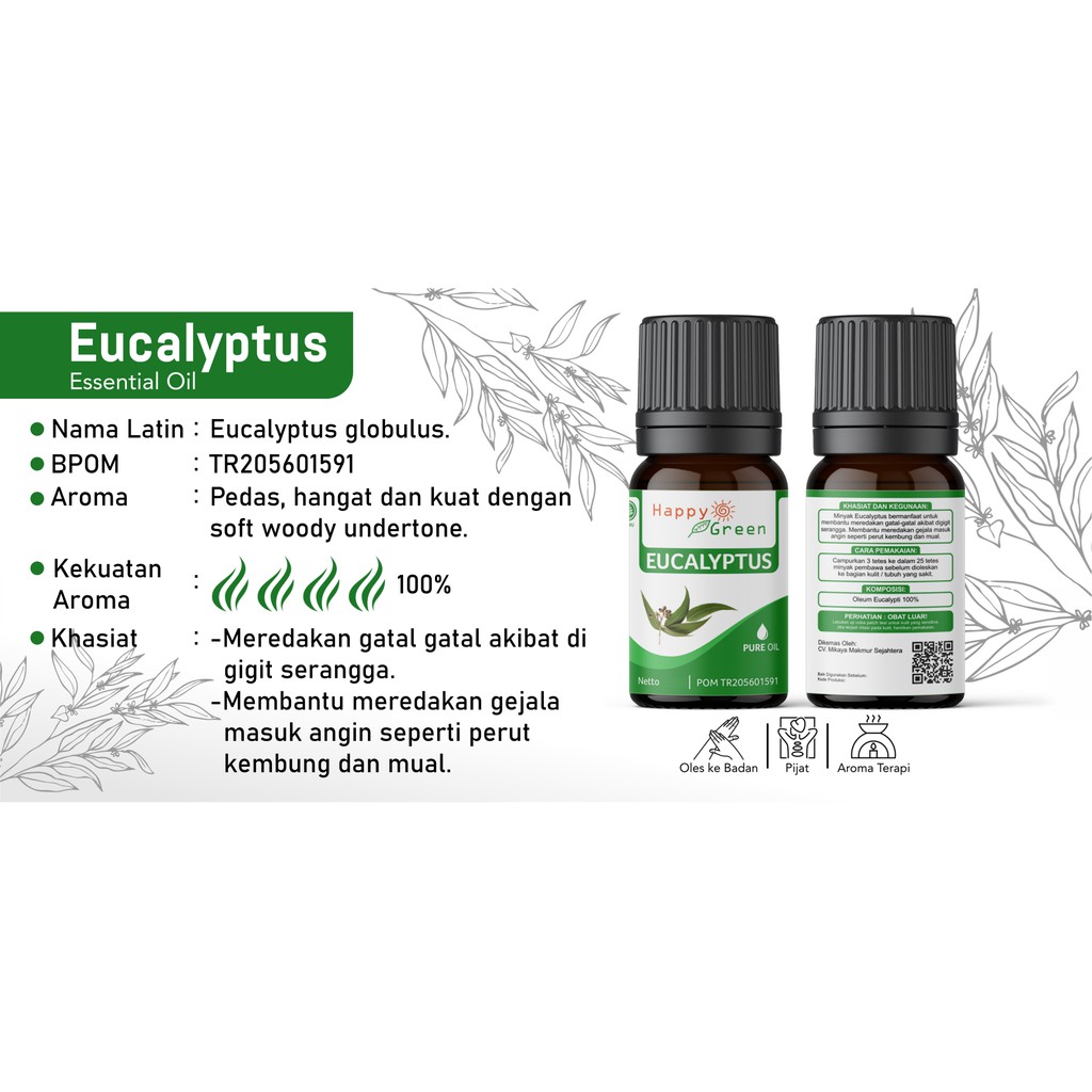 BPOM Happy Green Eucalyptus Globulus Essential Oil - Minyak Ekaliptus 100% Pure Garansi Uang Kembali