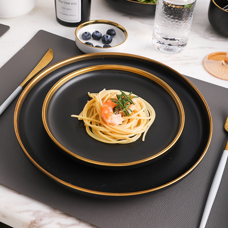 Piring Makan Keramik Hitam / Dining Plate Gold Emas