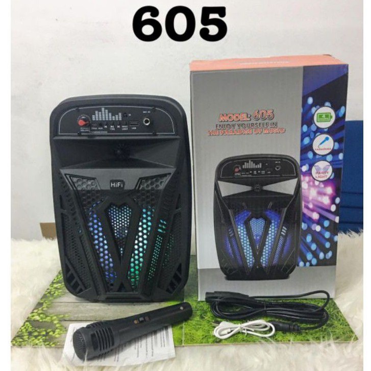 605 speaker bluetooth portabel karaoke free mic speaker model koper