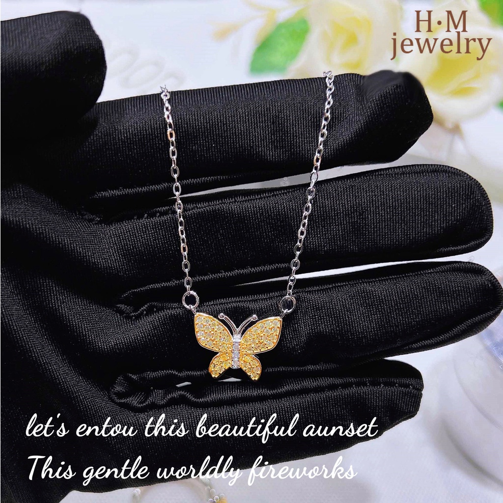 Set Kalung Gelang Anting Stud Desain Kupu-Kupu Aksen Berlian Warna Kuning