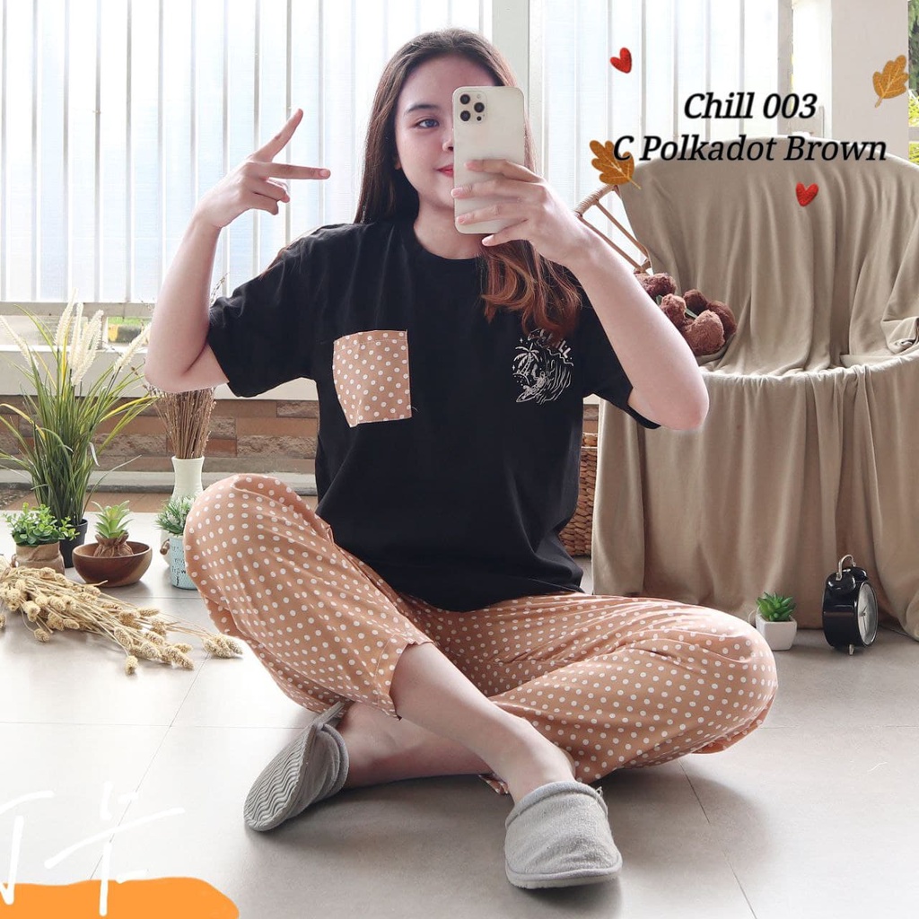 IZANY Piyama Dewasa Size S/ CP Atasan kaos Tebal-CHILL 003 POLKA BROW