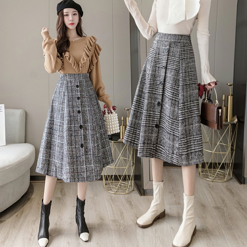 KARAKOREA 7708 Banding Tweed Midi Skirts/Korean Women Skirt/Rok Tweed Kancing