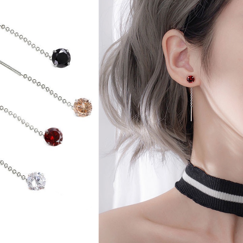 Anting Tusuk Gantung Bahan Sterling Silver 925 Hias Zircon Gaya Korea Untuk Wanita