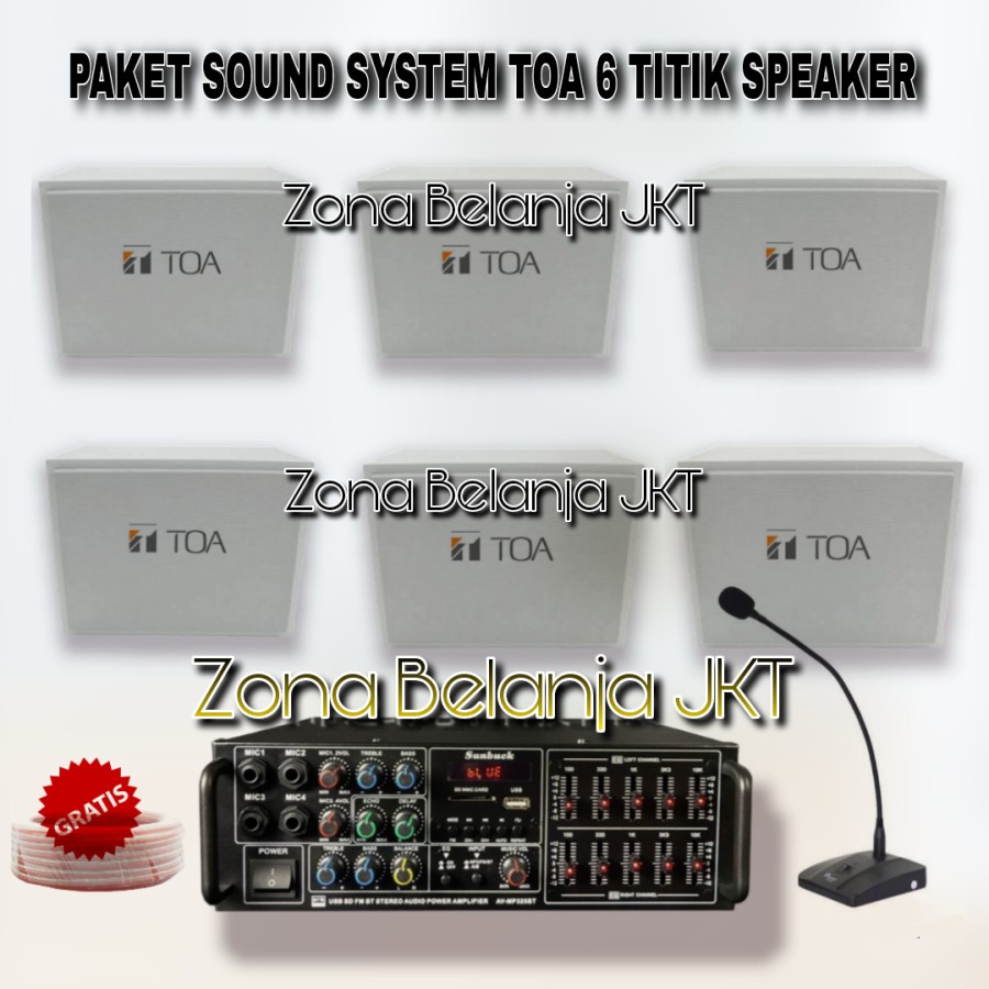 PAKET SOUND SYSTEM TOA 6 BOX SPEAKER MASJID CAFE RESTO KLINIK PANGGILAN AMPLI USB BLUETOOTH MIC MEJA (M-2B)