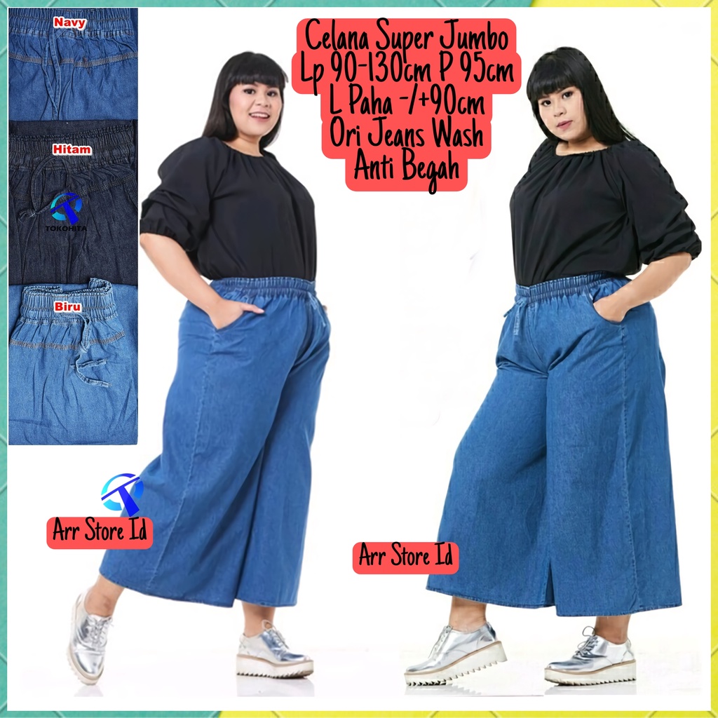 Celana Kulot Jeans Jins Jens Panjang Wanita Jumbo Kekinian Pinggang Karet Lp 90-130 P 95 Anti Begah Allsize