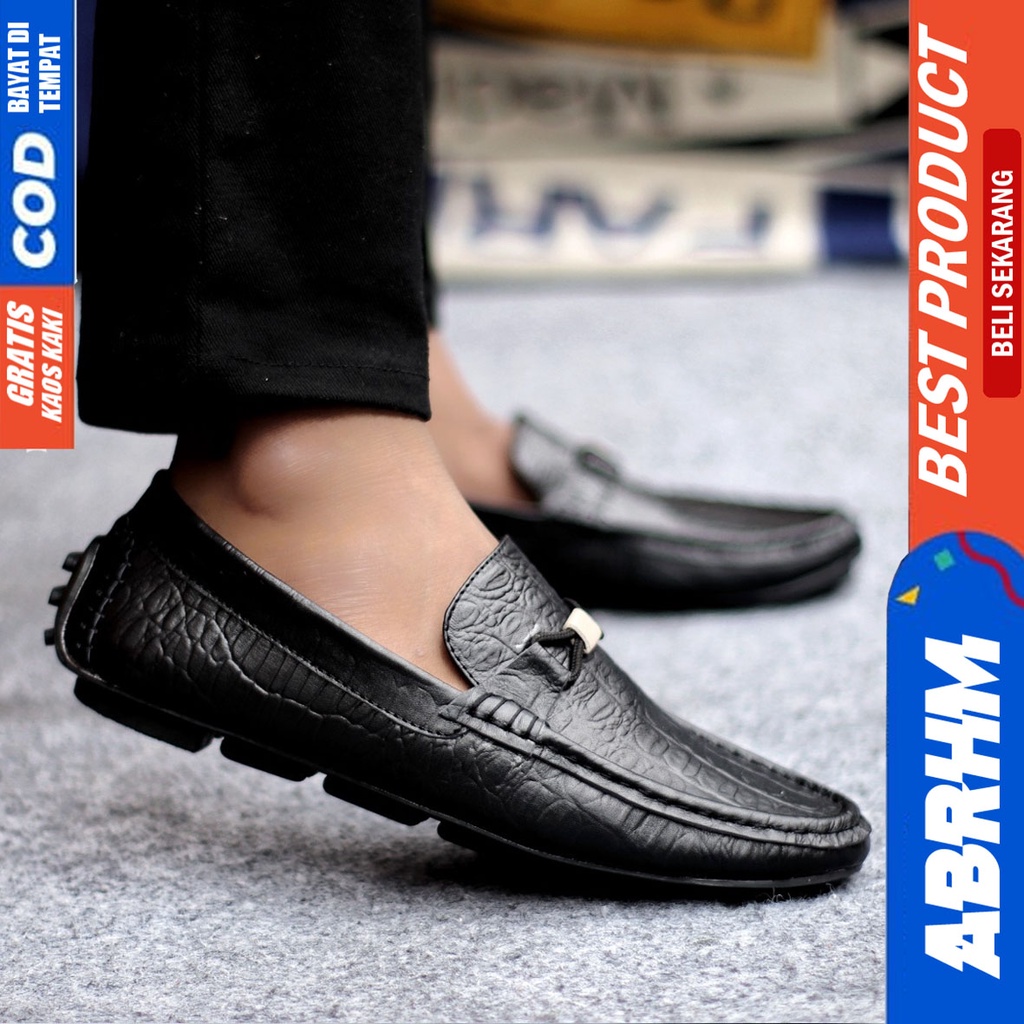 Sepatu Casual Pria Formal Slip On Pantofel Kulit Asli Kerja Kantor Kondangan Kuliah Hitam Fashion Shoes Terbaru Murah Kekinian Original PARIS ABRHM