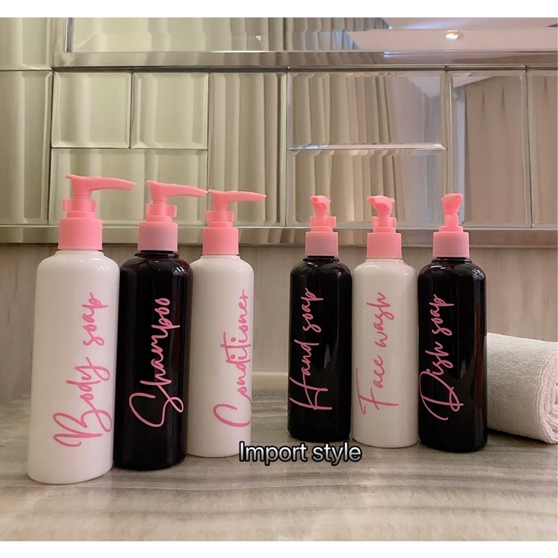 botol HITAM 250ml GLOSSY BLACK PINK. aesthetic bottle minimalist refill organizer tempat sabun cair pump estetik