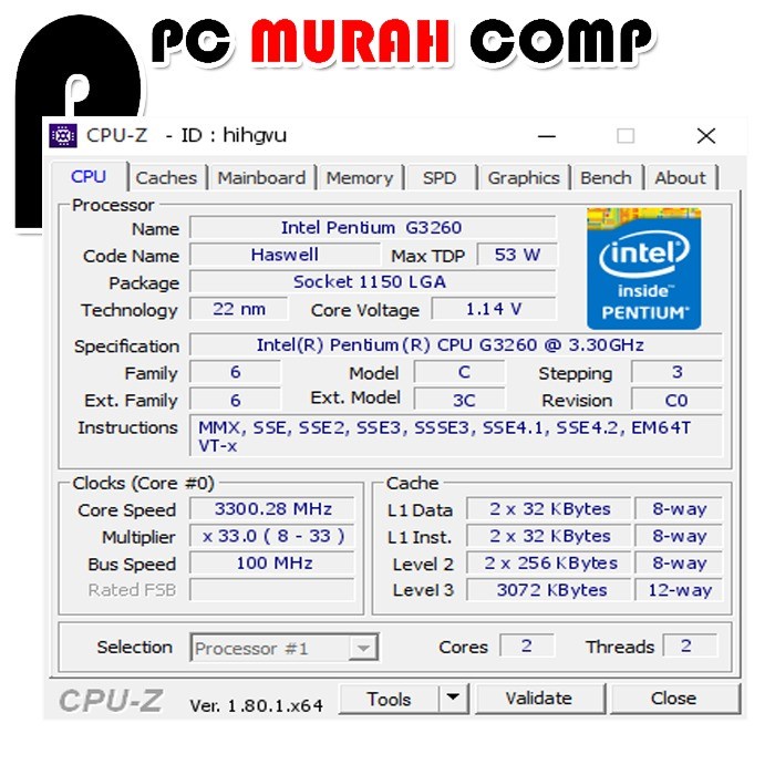 Prosesor Intel Pentium G3260 3.30GHz Soket DAN FAN INTEL