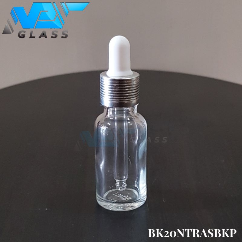 botol kaca pipet 20ml bening tebal - ring almunium silver bergaris