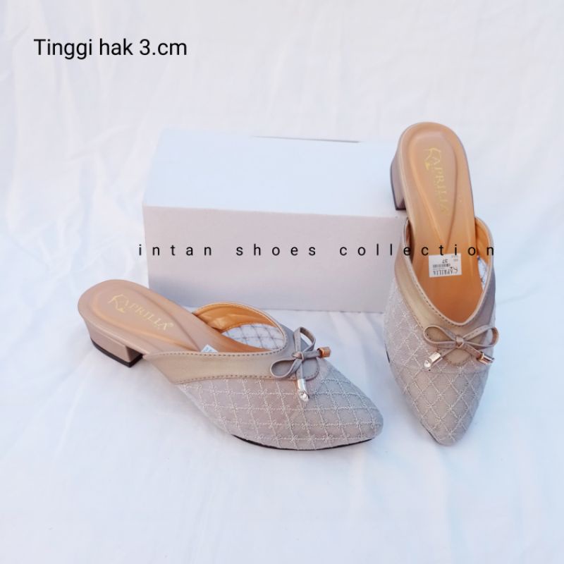 Aprilia sepatu sandal brukat pesta wanita hak tahu 3cm-sandal bustong brukat kondangan-sendal slop wanita slip on anti licin-mules pesta wanita