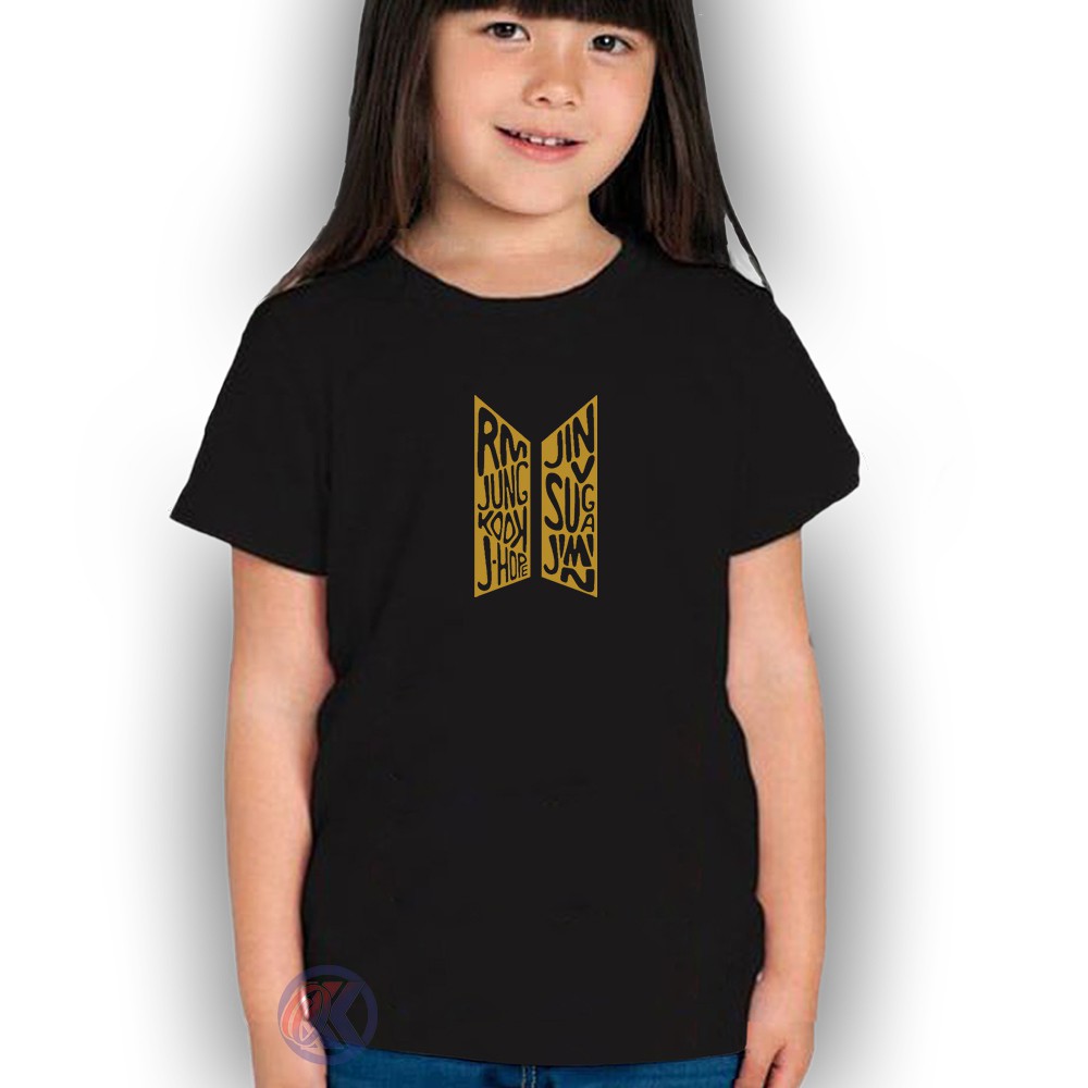 Baju Bts Anak  Perempuan/ Logo Bts Army Gold / Nama Personil idol Korea BT21 Terbaru / Kaos Anak