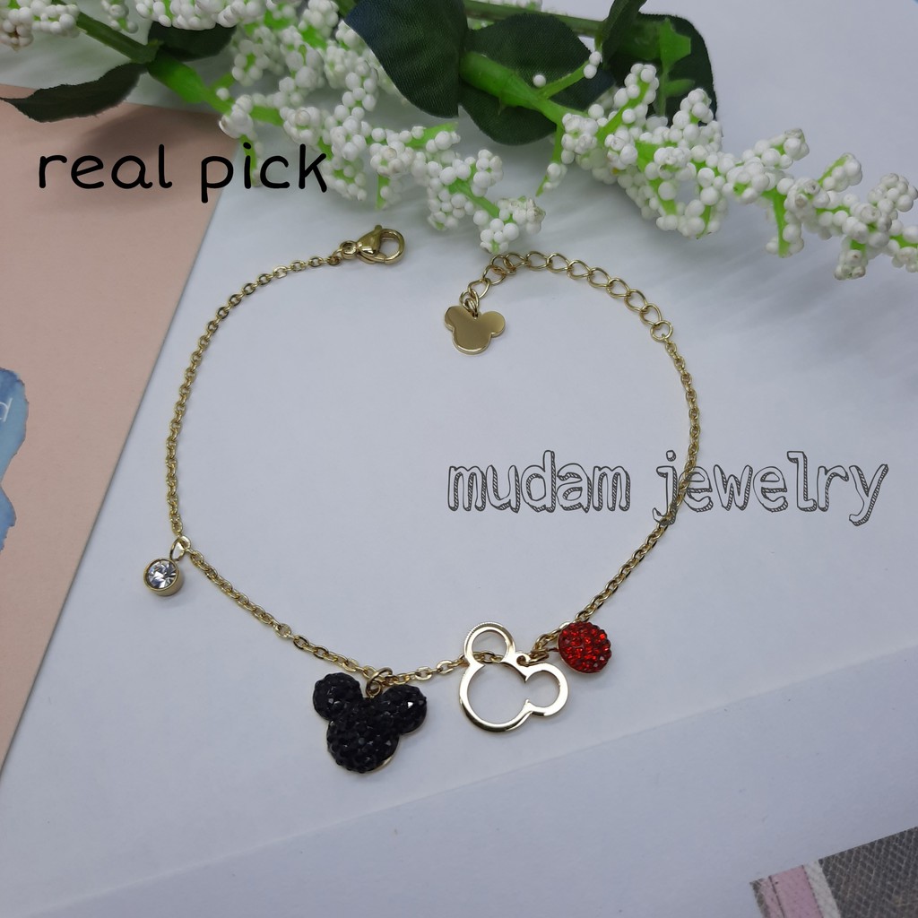 Gelang Tangan Rantai Titanium Minnie  Dengan Kristal Artifisial